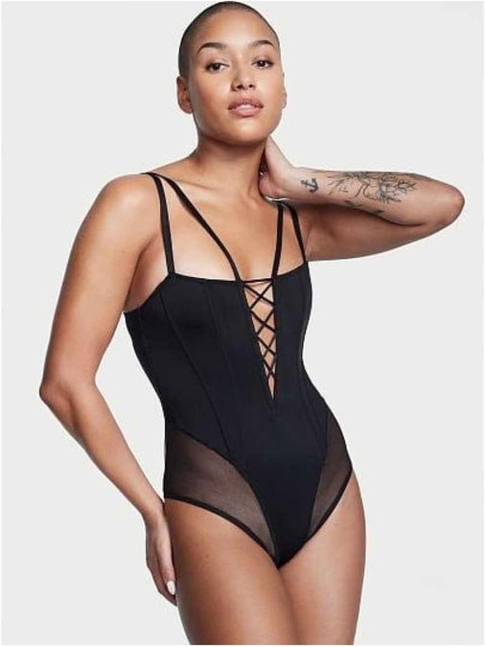 Victoria's Secret Black teddy Strappy Lace-Up Sheer Panel Bodysuit!